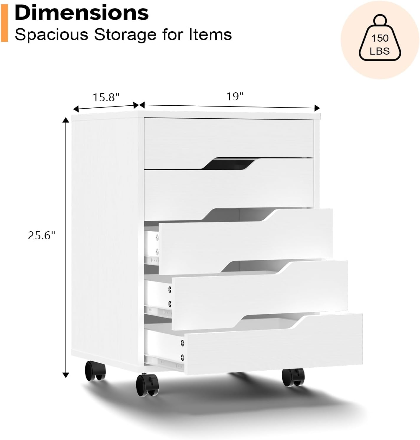 VINGLI 5 Drawers Rolling File Cabinet with Wheels, Under Desk Storage Organization, Vertical Filing Chest Mobile Wood Small Desk Printer Stand for Home Office, 19" W × 15.8" D × 25.6" H, White