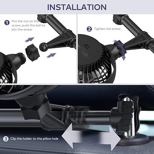 Miniatura 6 de Ventiladores portátiles retráctiles para automóvil con 4 velocidades para reposacabezas y asiento trasero, ventilador de aire de vehículo de