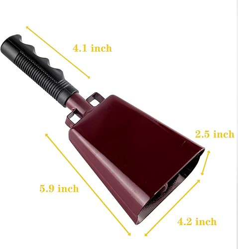 Vista 27 de Musfunny Campana de vaca de acero con mango, campanas de mano de animación que hacen ruido fuerte para eventos deportivos, juegos de fútbol, campana