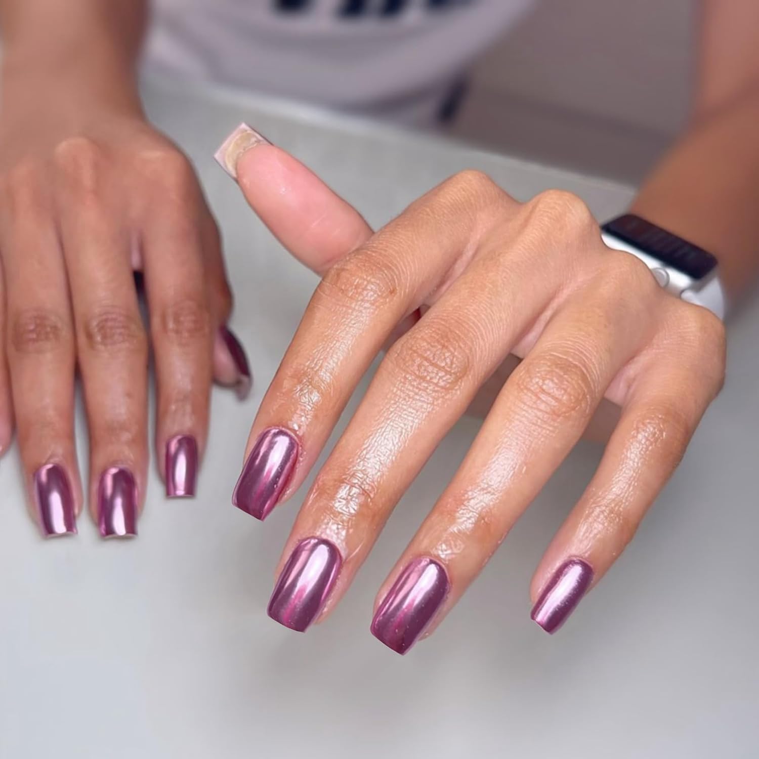 KQueenest Chrome Baby Pink Press on Nails Short Medium Square Glitter Metallic False Nails Medium Coffin - Image 3