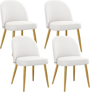 KCC Modern White PU Leather Dining Chairs Set of 4 - Upholstered Armless Kitchen Side Chairs with Ergonomic Curved Back & Gold Metal Legs
