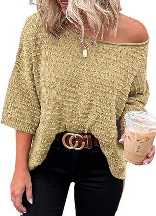 Dokotoo Women's Casual 3/4 Sleeve Loose Tunic Tops Lightweight Knit Fall Pulover Sweater Blouses