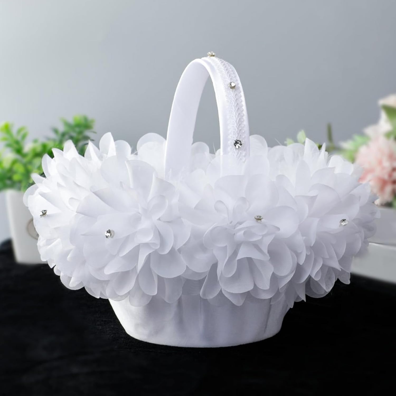 Flower Girl Basket, Wedding Basket, Petal Basket With Ribbon, White Flower Girl Basket Petal Beaded Decoration