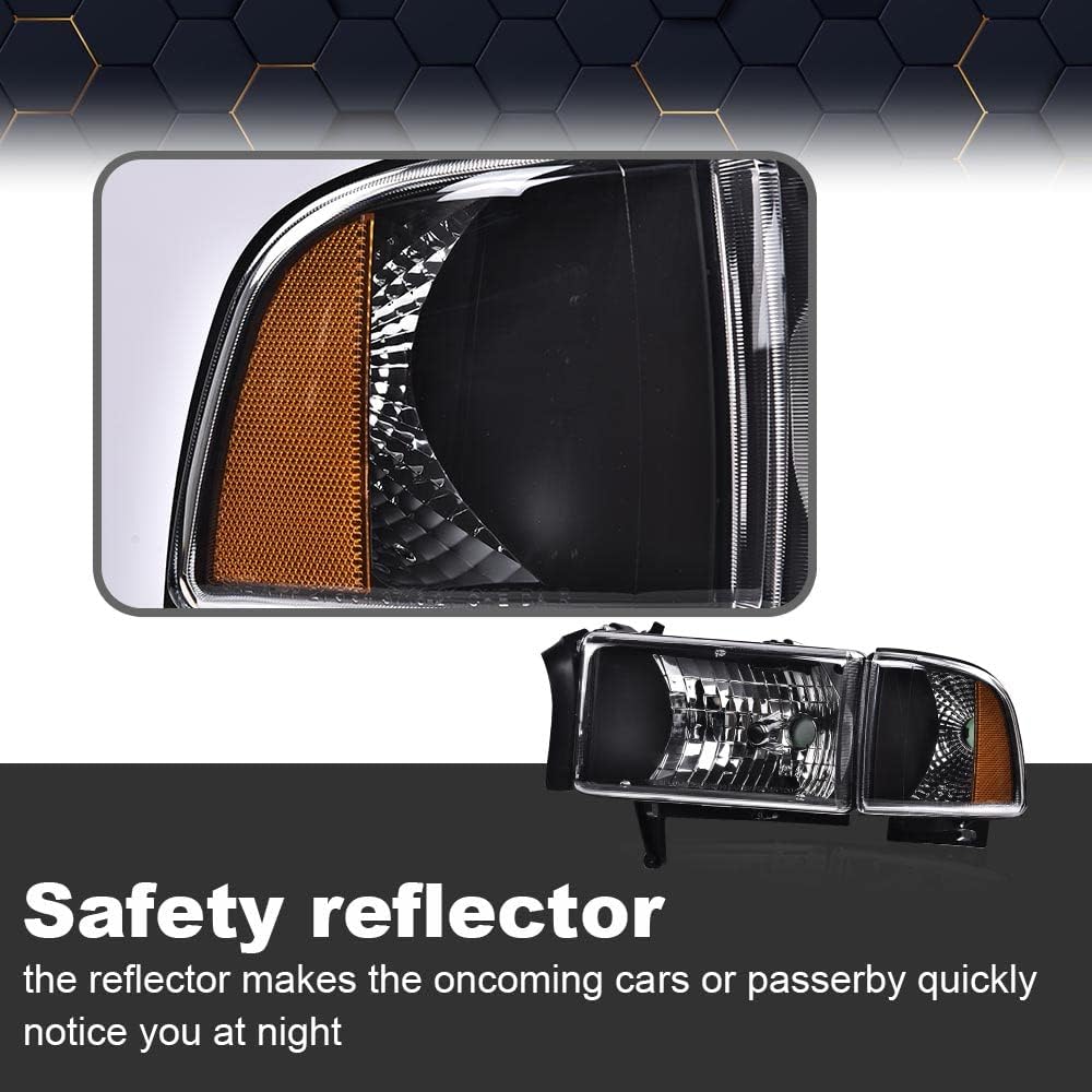 PIT66 Headlight Assembly Compatible with 1994-2002 Dodge Ram 1500 2500 3500 Headlamps Assembly Clear Lens Black Housing Amber Reflector
