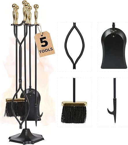 Miniatura 10 de Amagabeli Juego de 5 herramientas para chimenea de hierro forjado, juego de herramientas y soporte Negro