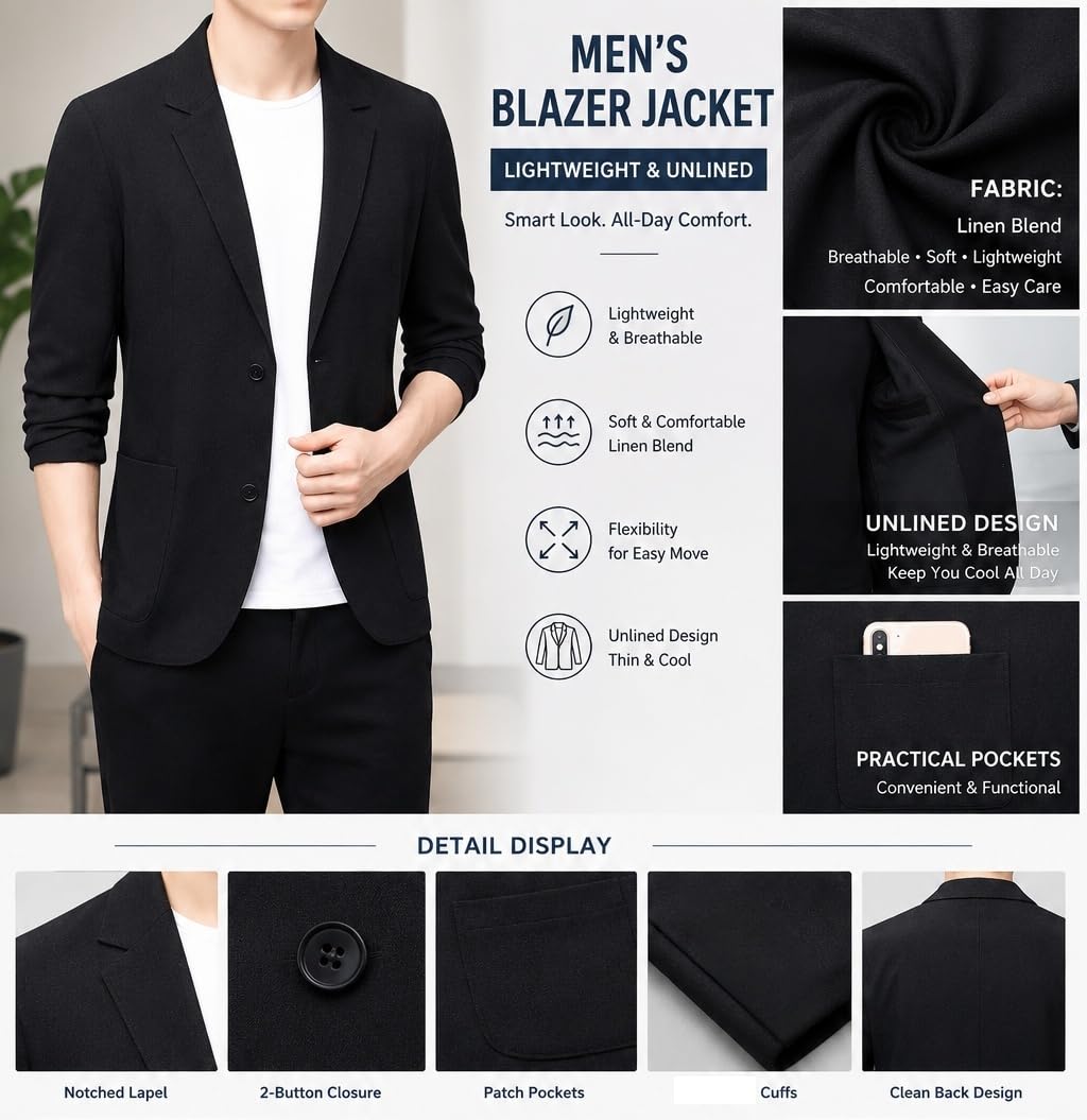 Blazer Estivo Leggero da Uomo Giacca Blazer in Lino Sfoderata Giacca Sportiva Casual A Due Bottoni con Tasche Ideale per Lavoro Viaggi Vacanze E Uso Quotidiano.