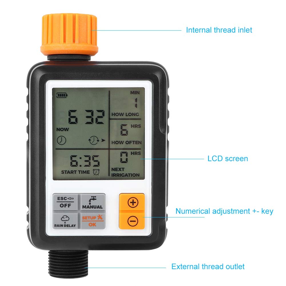 Pantalla LCD inteligente automática, temporizador electrónico de agua para jardín, controlador de de riego con pantalla grande, función exterior para césped, jardín, material ABS