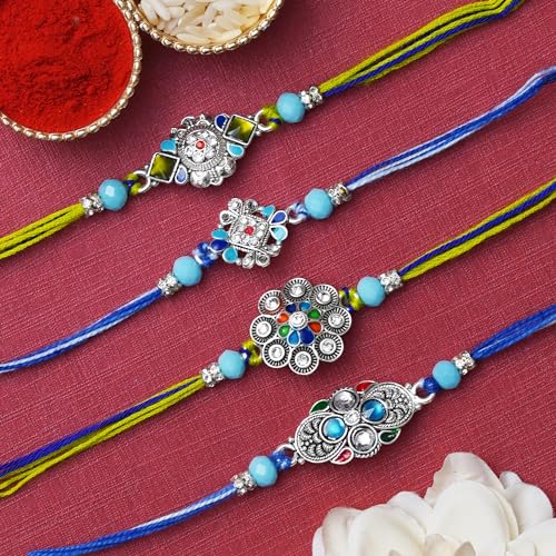 Image of eCraftIndia Set of 4 Lord Ganesha Peacock Krishna & Kalash Designer Rakhis for Brother Bhaiya Bhai | Roli Chawal Pack