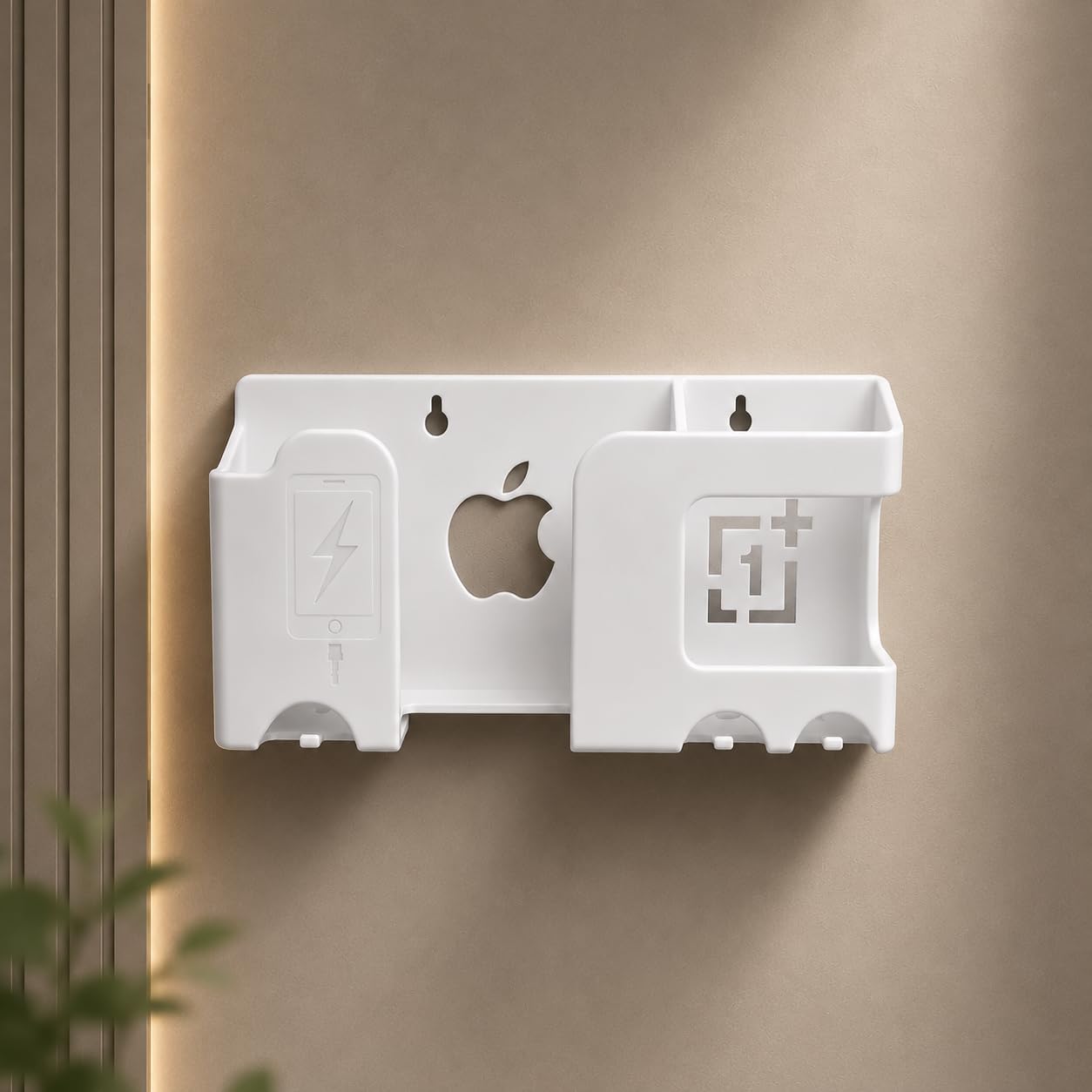 wall mounted mobile phone charging holder organizer with remote control storage key hooks cable management shelf multipurpose plastic wall rack white (pack of 1)