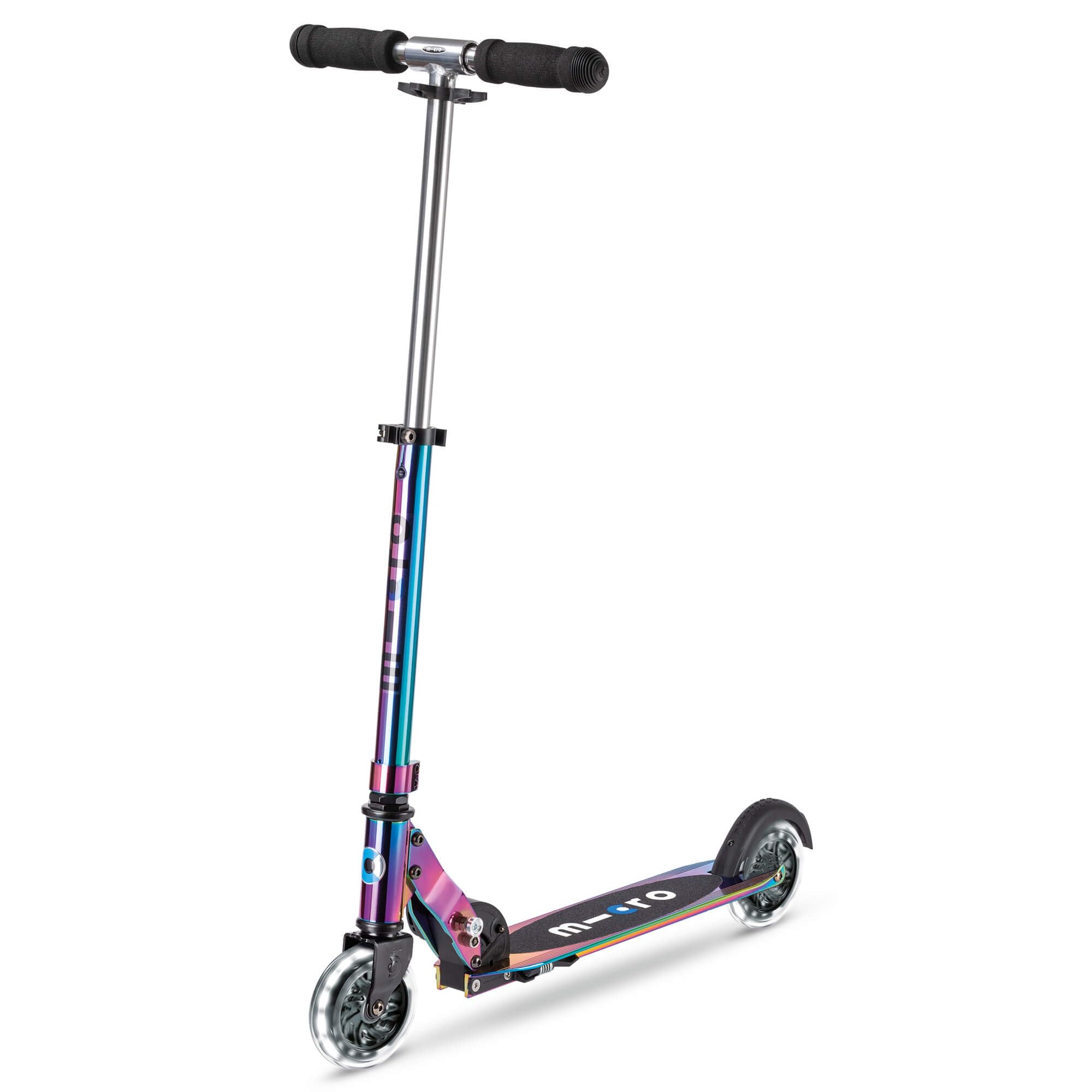 Micro Scooters | Micro Sprite Chrome LED Children's Scooter | Handlebar Adjustable | Light Up Wheels | Foldable | Kickstand | 5 to Teen | Boys & Girls | Neochrome โ image 1