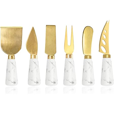 Golden Cheese Knife Set 6 Piece, Marble Handle Butter Spatula Knives, Cheese Spreader Cutter with Ergonomic Ceramic Handle, Cheese Shaver and Fork for Birthday, Wedding, Party (White)