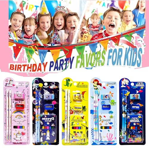 Image of PARTEET Cartoon Theme Stationery Gift Set with 2 Pencils, Sharpener, Eraser and 6 Color Pencils, Complete School Supplies |Birthday Return Gifts for Kids (Pack of 5)