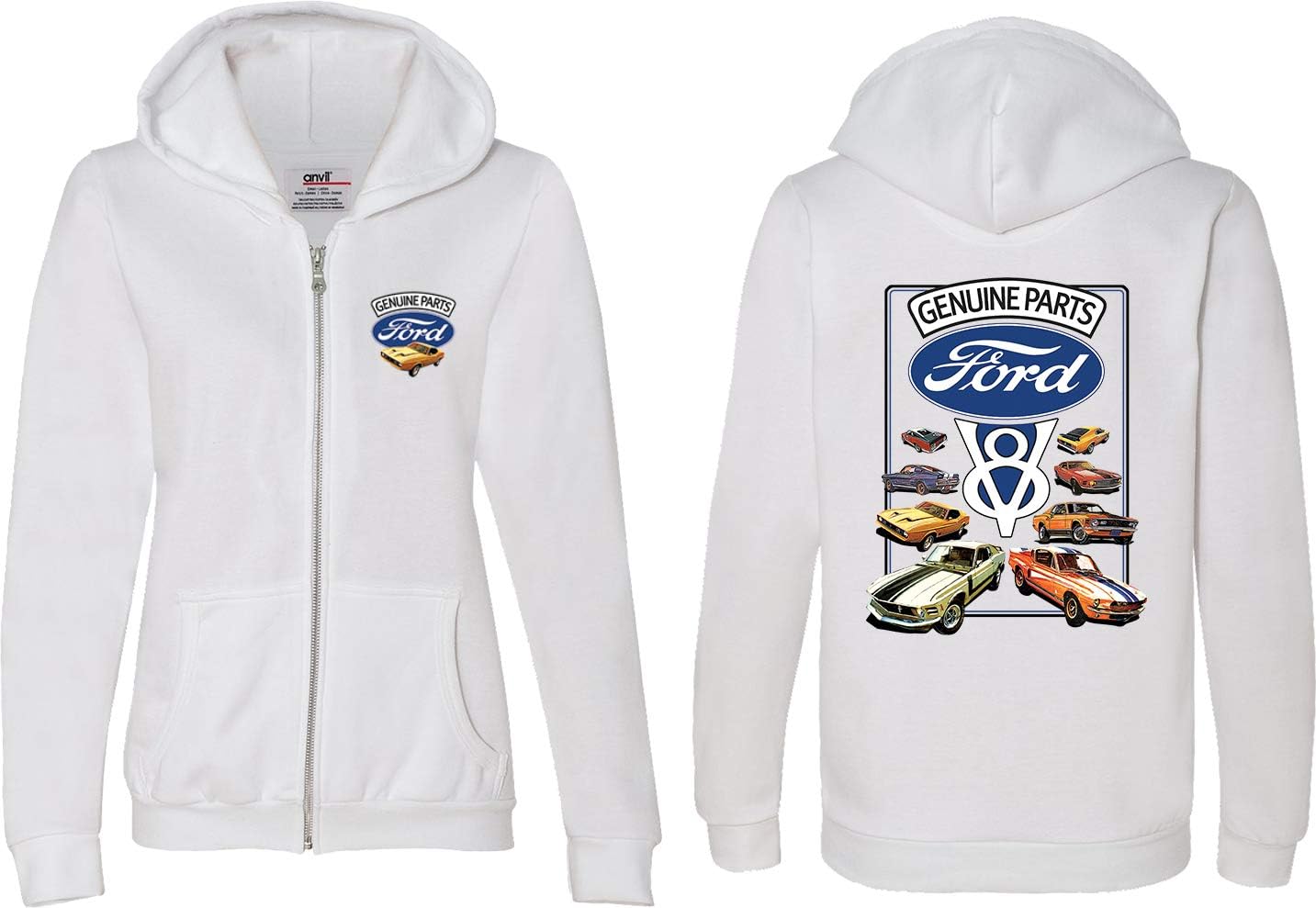 Ladies Ford Mustang Full Zip Hoodie V8 Collection Front and Back