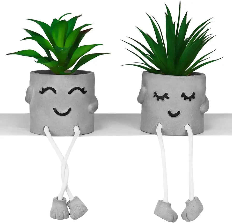 Zerzsy Faux Succulents in Cement Pots with Hanging Leg, Potted Mini Fake Plants for Desk Decor, Kitchen Shelf Decor, Office Decoration for Women, Bathroom Shelf Plants Decoration- Set of 2