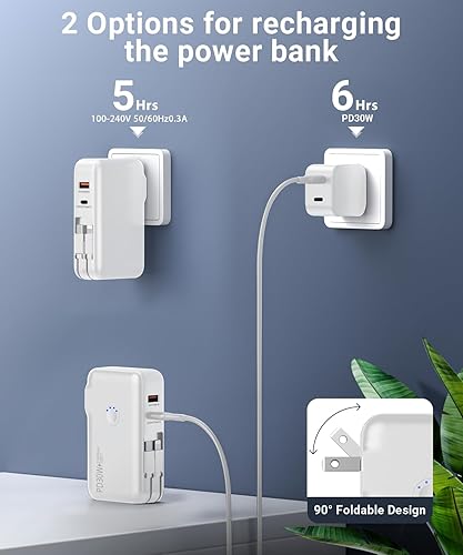 Miniatura 7 de QiSa Cargador portátil, banco de energía, banco de energía de 16000 mAh, enchufe de pared de CA integrado y cables, PD 30 W y QC4.0 cargador rápido