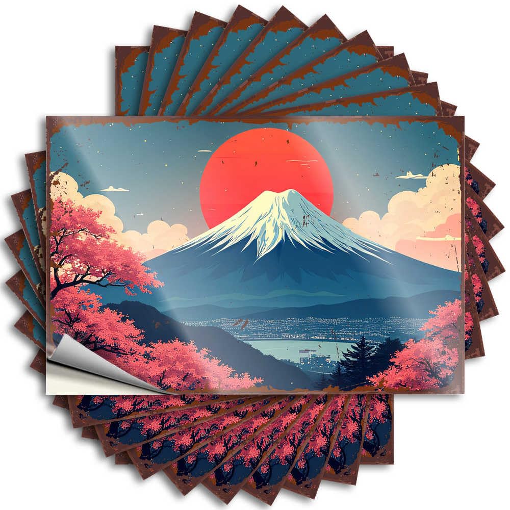 Fzfn Men's Colour Bumper Square, Darts Hard Cherry Blossoms And Mount Fuji At Sunset | New(6X9cm)