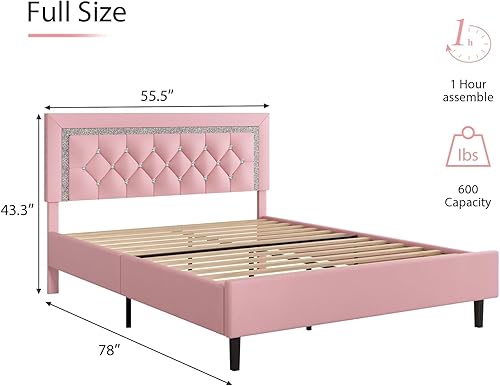 Miniatura 49 de BarnFurin Base de cama tamaño matrimonial con cabecera de botones copetudos, plataforma tapizada con diseño de diamante, soporte de listones de