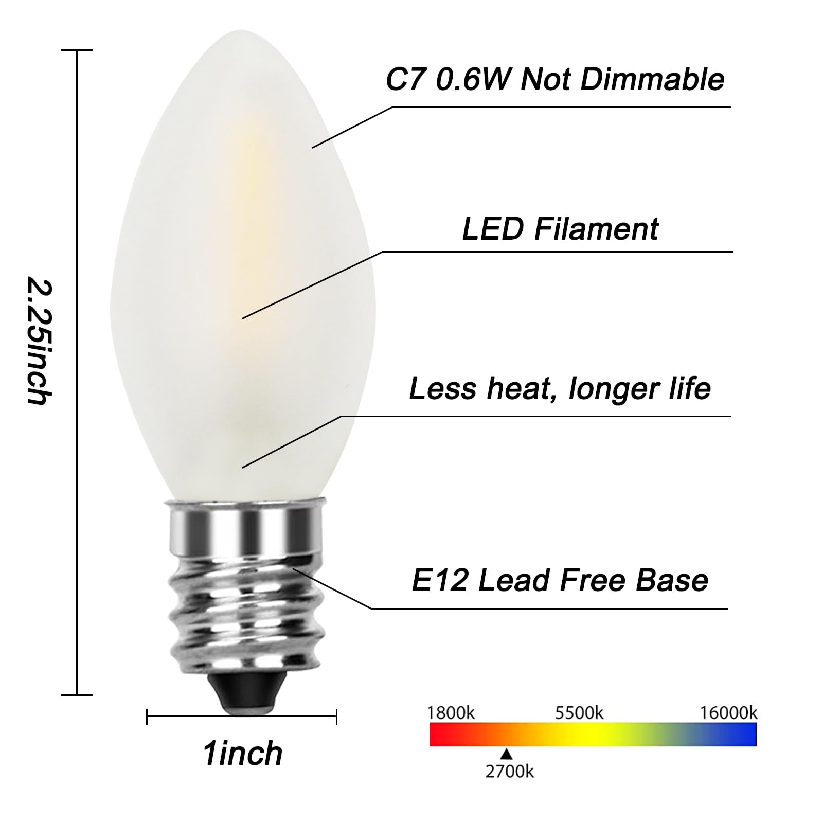 25 Pack LED C7 Frosted Replacement Bulbs Frosted White Glass LED Light Bulbs Dimmable 0 6 Watt C7 — view 2