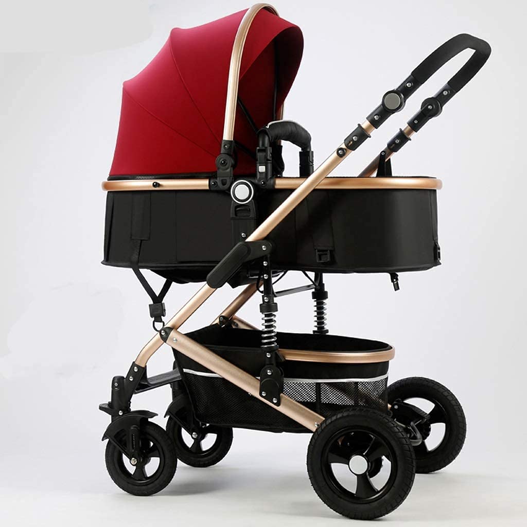 Pram Travel System 3 in 1,Adjustable High View Pram,Umbrella Stroller Travel System with Baby Basket and Anti-Shock Springs,Infant Carriage Pushchair (Color : Red-B)