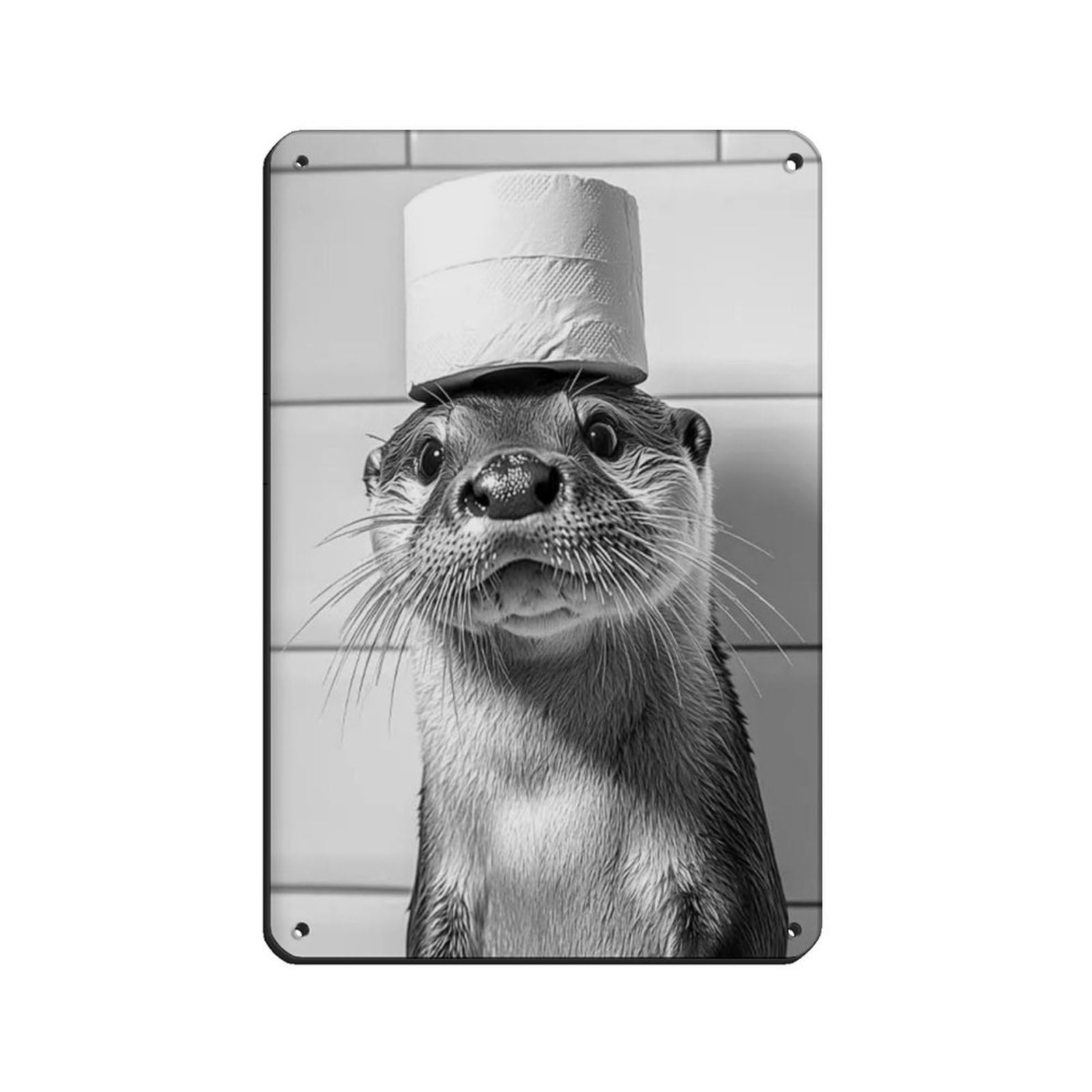 Otter with A Toilet Paper Roll on Head Tin Sign Vintage Metal Pub Club Cafe Bar Home Wall Art Decoration Poster Retro 8x12inch(20x30cm)