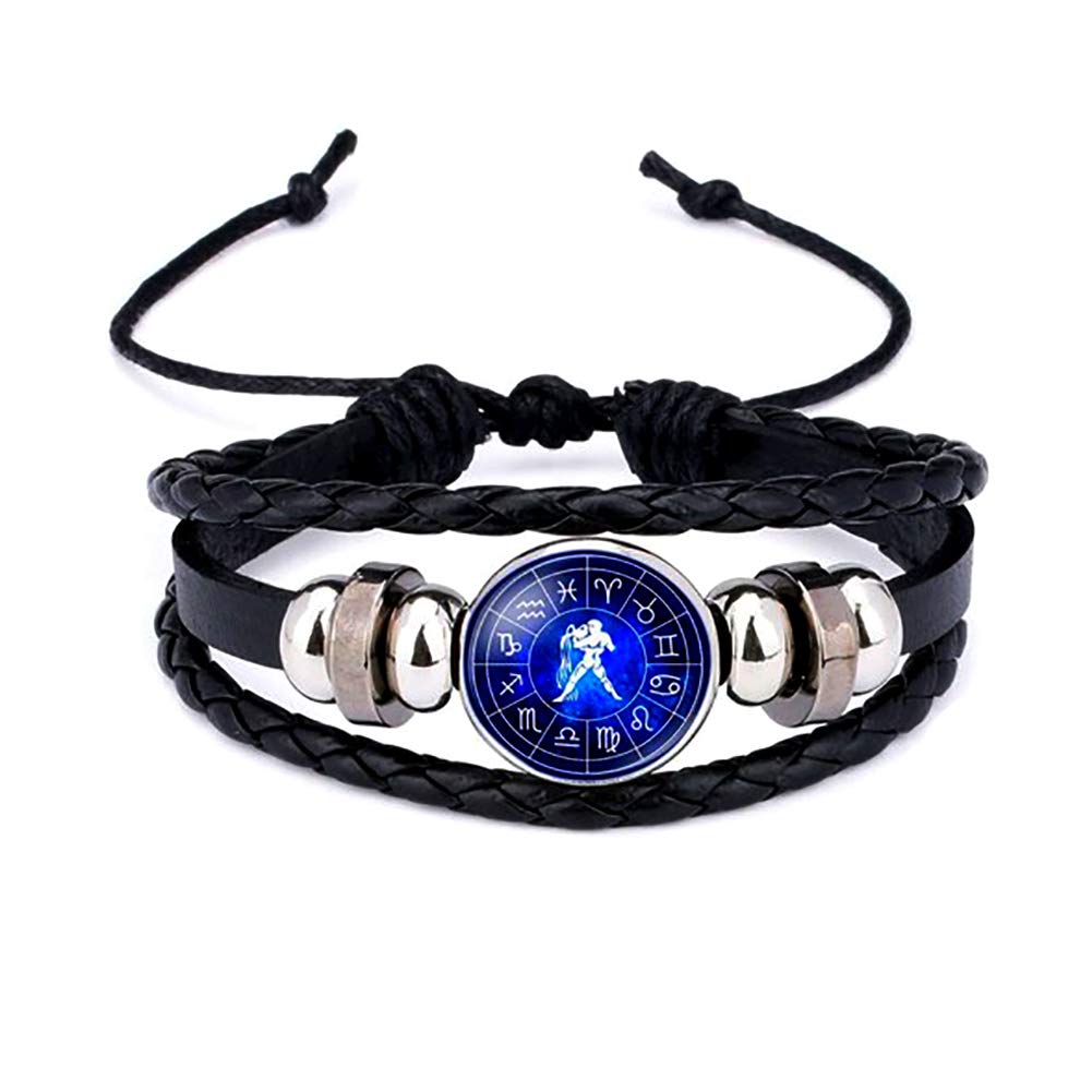 RamaixRope Bracelet Zodiac - Luminous Bracelets 12 Constellation Black Leather Punk Bangle Charm Jewelry Accessories Gifts for Men Women