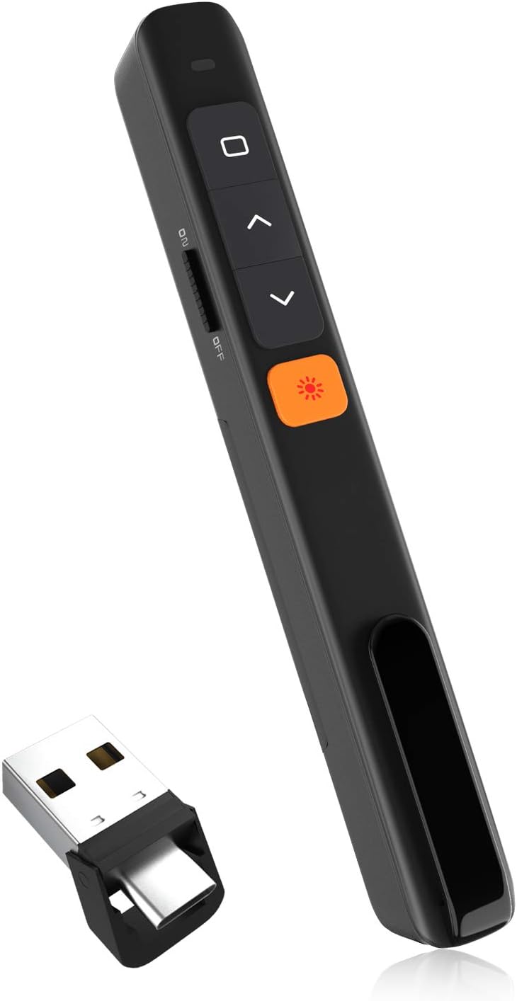 Wireless PowerPoint Presentation Clicker Remote, 2 in 1 Type C and USB A RF 2.4GHz PPT Presentation Presenter Laptop Clicker Pointer Slide Advancer with Hyperlink Volume Control