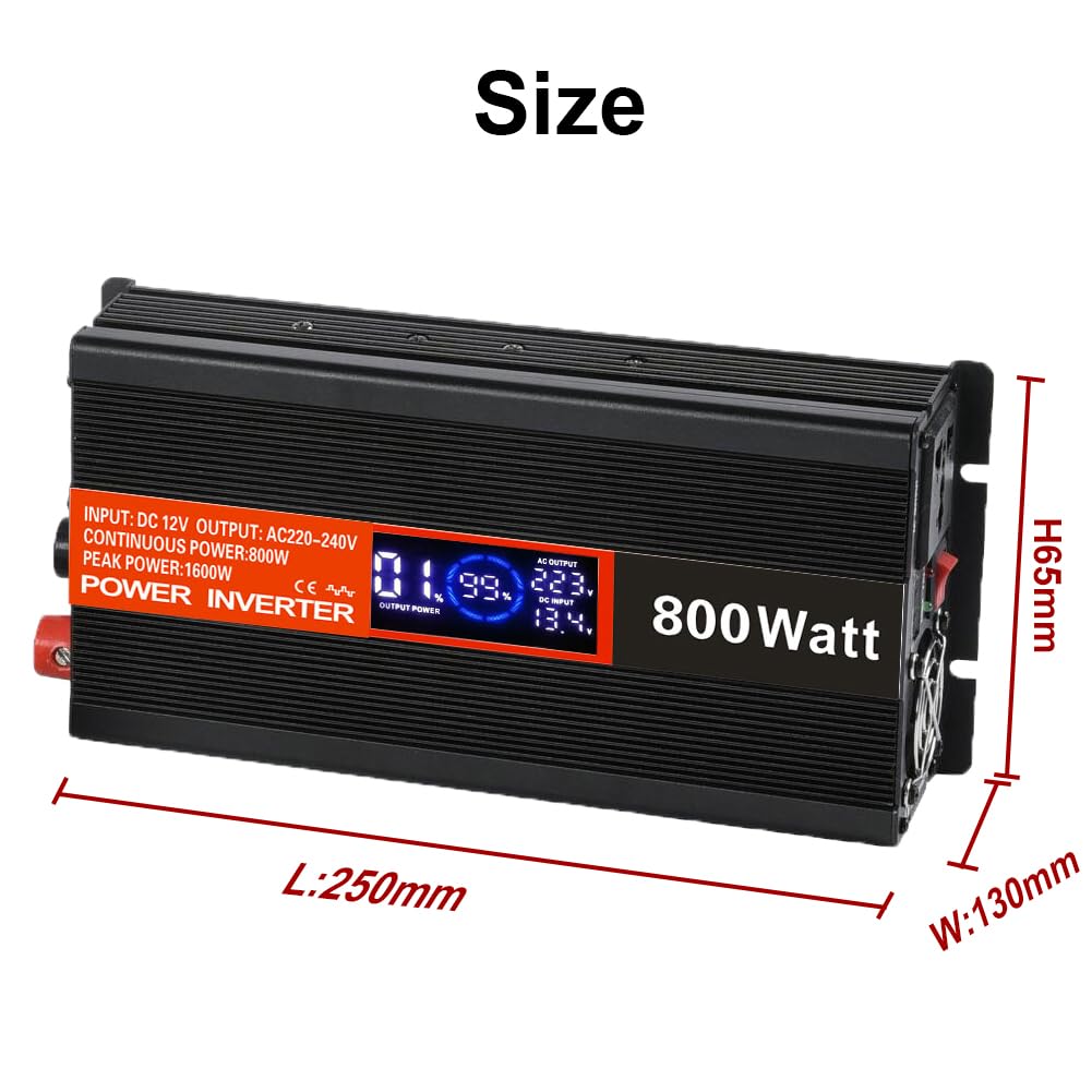 SolaMr 800W Inversor de Corriente DC 12V a AC 220V/240V con Pantalla LCD y Puertos de Carga USB Convertidor para Sistema Montado en Vehículo y Acampada Salvaje- 800W