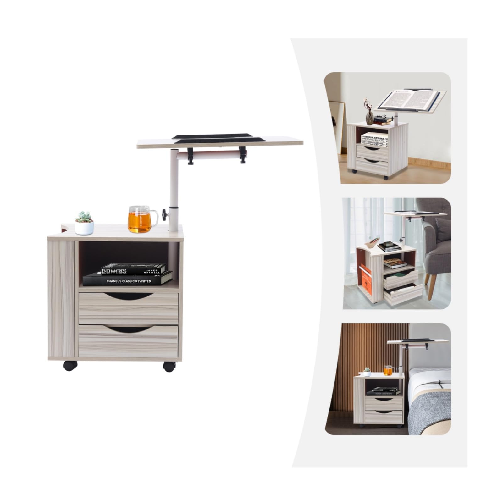Comodino girevole con cassetti, tavolino regolabile in altezza e camera da letto, girevole a 360° + portata di 20 kg, 4 ruote per freni, mobili multifunzione salvaspazio per soggiorno/ufficio