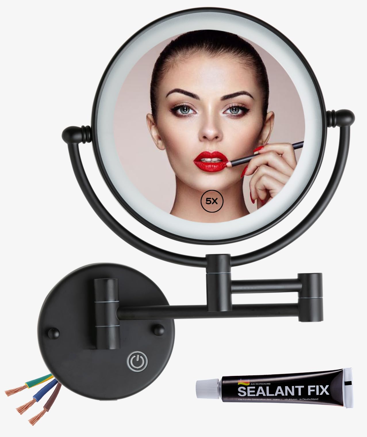 RECKODOR Espejo Maquillaje con Luz Pared, Aumento 1X/5X Doble Cara Giratorio 360, Espejo Baño Extensible Táctil con Enchufe, Brillo Regulable, para Hotel, SPA,con Cable-Negro