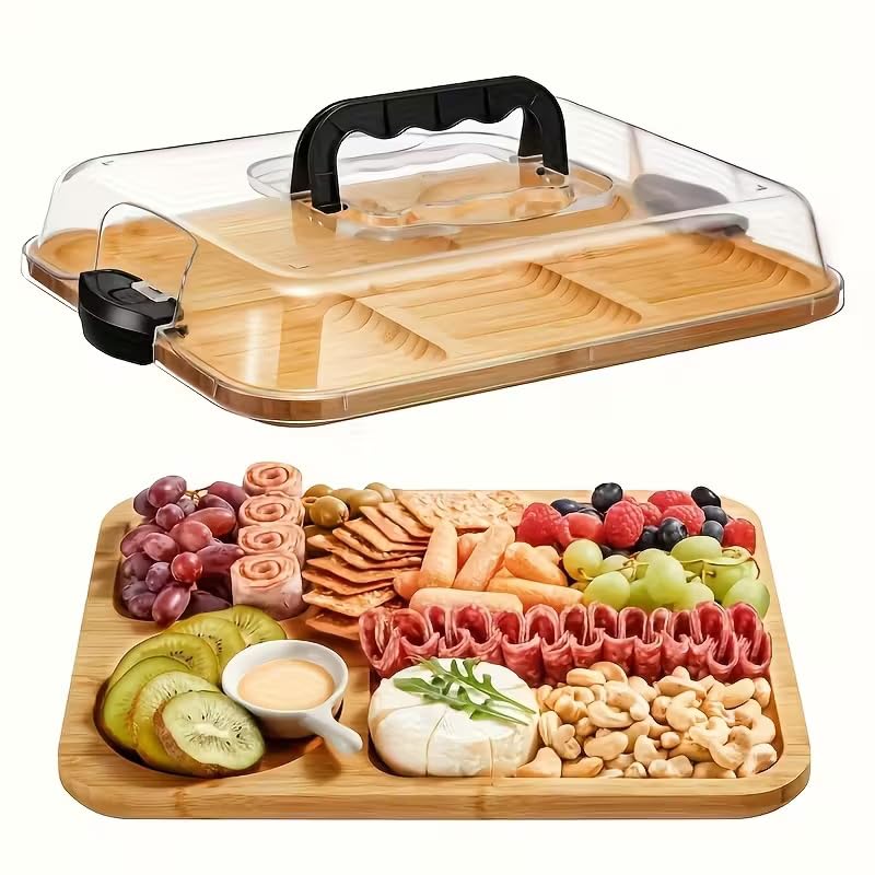 Flygon Bamboo Serving Board with Hard Shell Lid & Secure Snap-On Lock – Travel-Friendly Food Tray with Handle for Outdoor Picnic & Home Entertaining-image-3