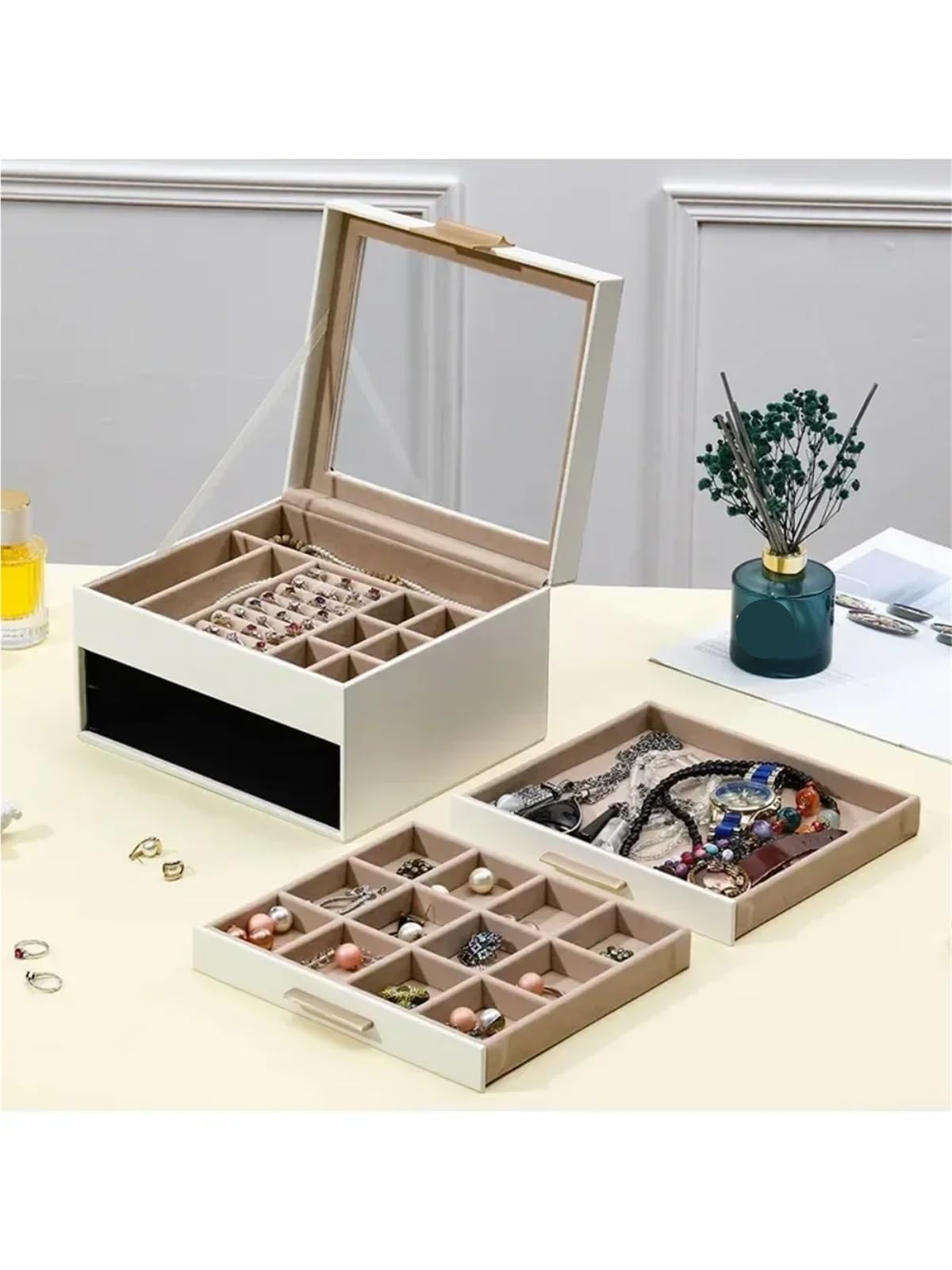 Organizzatore Di Gioielli Da Viaggio Grande capacità, tre strati di carta vellutata PU rettangolare Princess for orecchini, anelli, collane e bracciali Per Anelli E Collane