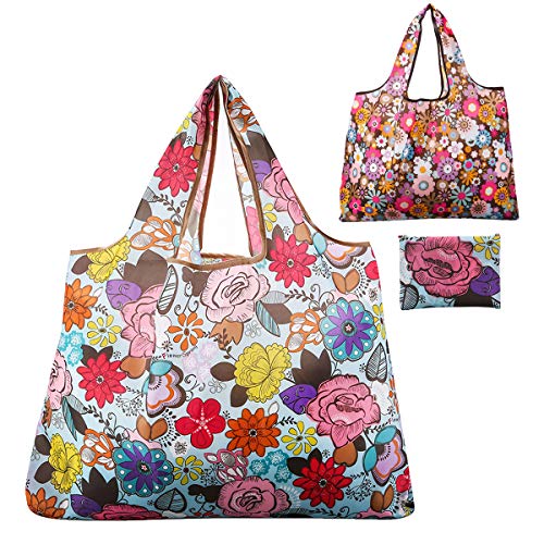 JISEN - Bolsas de compras reutilizables de nailon lavables, plegables, ecológicas, resistentes al medio ambiente, cabe en el bolsillo, nailon, Flores, Talla única