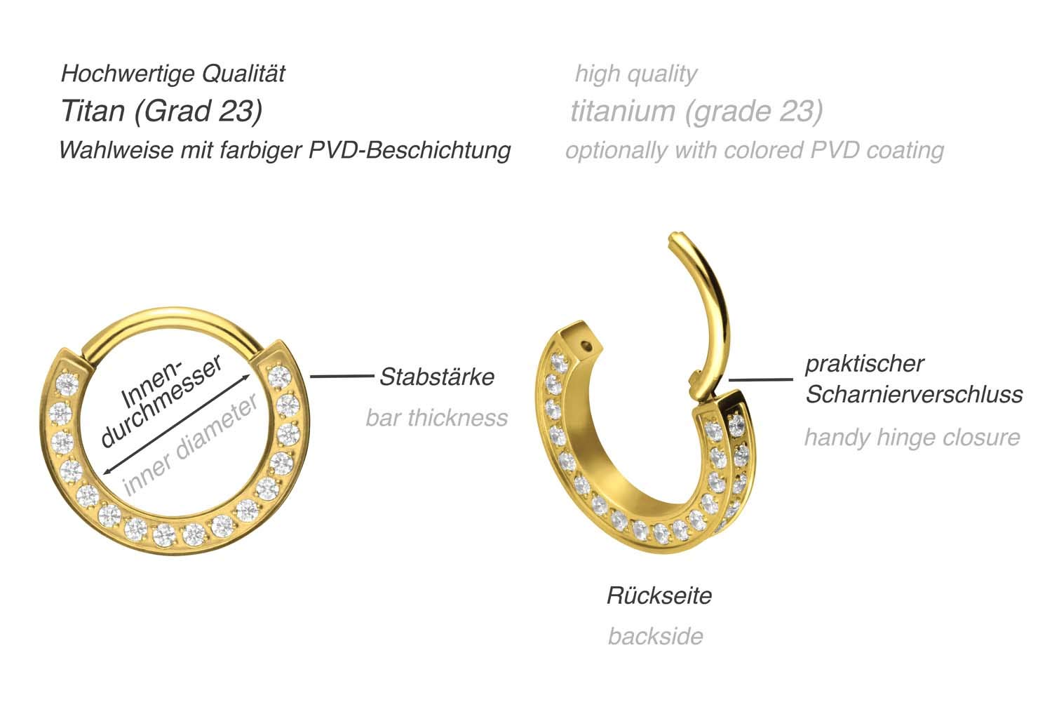PIERCINGLINE Titan Segmentring Clicker | KRISTALLRAND | Ring Nase Septum Ohr Helix | Farb & Größenauswahl