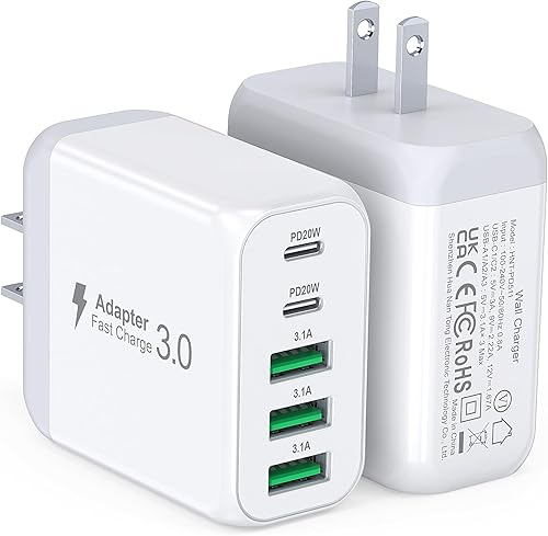 Miniatura 1 de Bloque de cargador de pared USB C, paquete de 2 unidades de 50 W y 5 puertos C, bloque de carga rápida, adaptador de corriente PD + QC 3.0