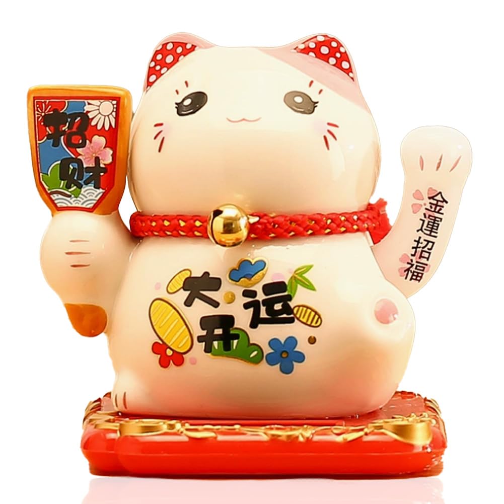 Chat porte-bonheur Maneki Neko solaire figurine zen en céramique pour tableau de bord