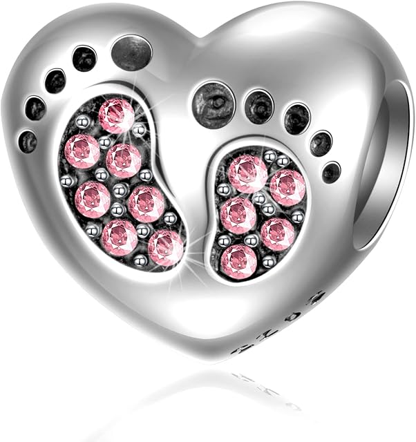 CRISNATA New Baby Footprint with Birthstone Charms, 925 Sterling Silver Feet on Heart Beads, fits European Birthday Bracelet, Gifts for Mom/Wife/Kids