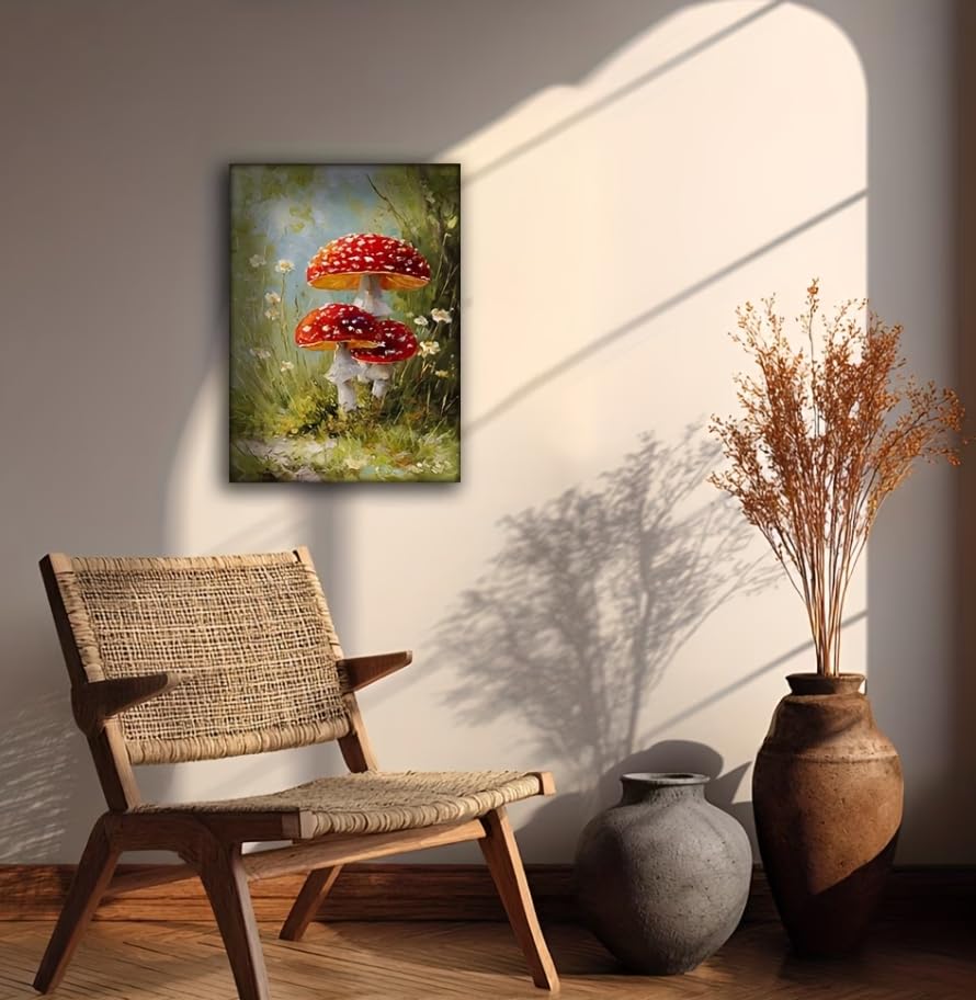 SXFDPDL Cuadro decorativo de pared con estampado de hongos rojos moteados, pintura botánica de bosque, póster decorativo para el hogar (60x90cm/sin marco)