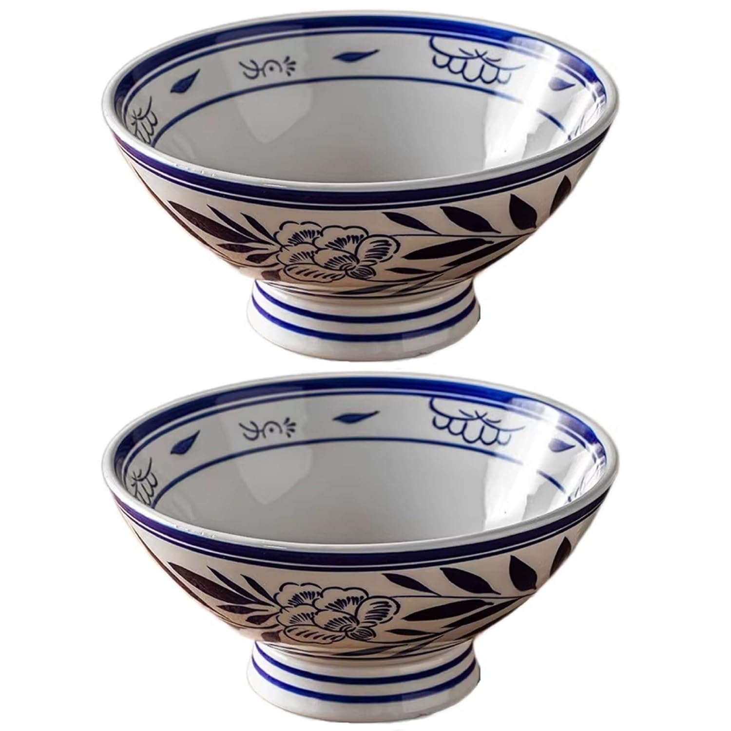2-pak misek do ramenu japońskiego, ceramiczne miski do ramenu, duże ceramiczne miski do zupy, niebiesko-białe miski na makaron,8inch