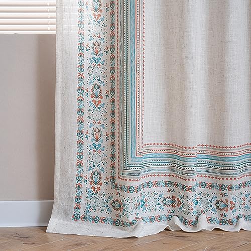 Image of MYSKY HOME Living Room Curtains 84 inch Long 2 Panels Set Boho Semi Sheer Faux Linen Farmhouse Damask Window Drapes for Bedroom Dining Room Patio, 50 inch x 84 inch, Teal, 2 Panels