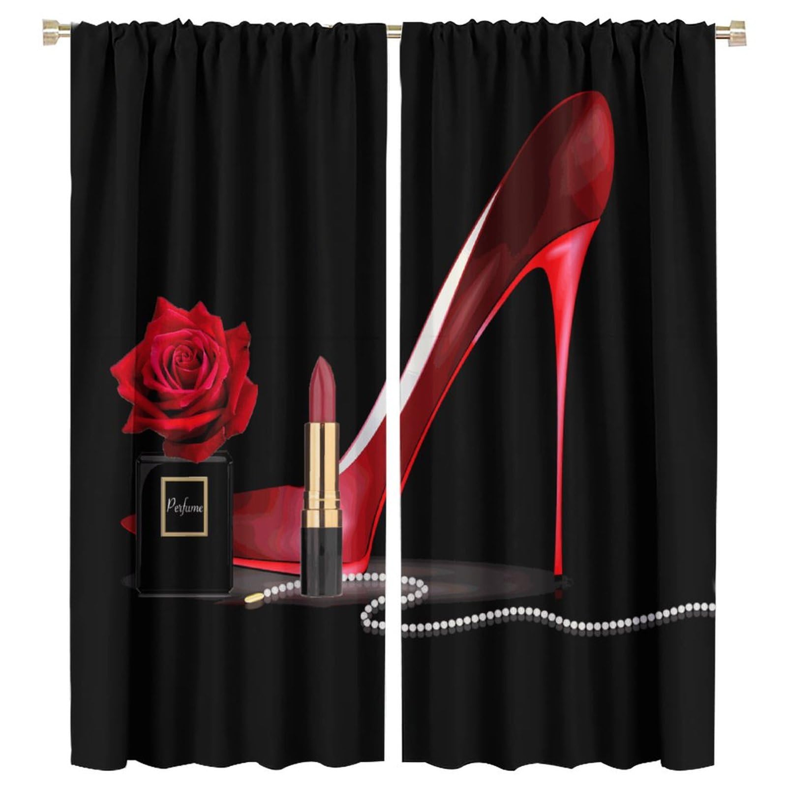 Fashion High Heels Curtains Red Shoe Girl Sexy Beauty Fancy Perfume Red Rose Flower Butterfly Pattern for Girls Room Decoration Print Decor Rod Pocket Window Drapes for Bedroom Living Room 42x45in