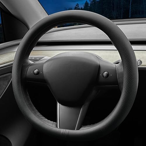 Miniatura 6 de LKWLIKEI Funda de cuero de napa ultrafina para volante Tesla Modelo 3Y, diseño antideslizante y modificación interior de accesorios de coche (negro)