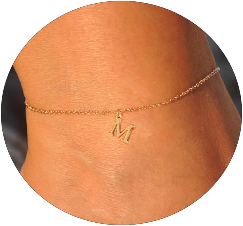 ASCOMY Ankle Bracelets for Women 14K Gold Plated Initial Anklets for Women Dainty Gold Anklets A-Z Initial Ankle Bracelets Cute Initial Pendant Anklets Summer Beach Foot Chain Jewelry Gifts