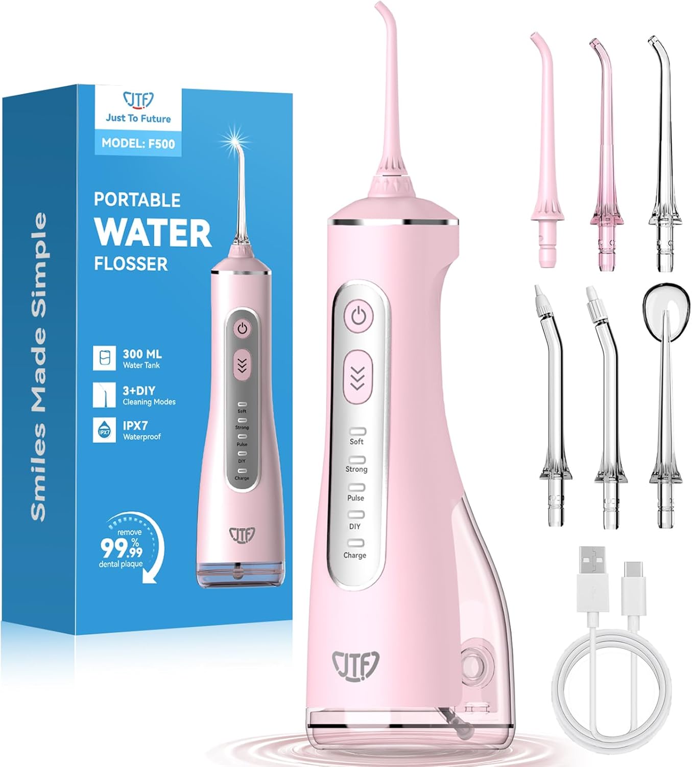 JTF Portable Water Flosser for Teeth: 3 Modes & 10 DIY Pressure Levels Cordless Oral Irrigator for Braces & Sensitive Gums - with 300ML Tank & 6 Tips, Rechargeable Electric Dental Pick for Home Travel
