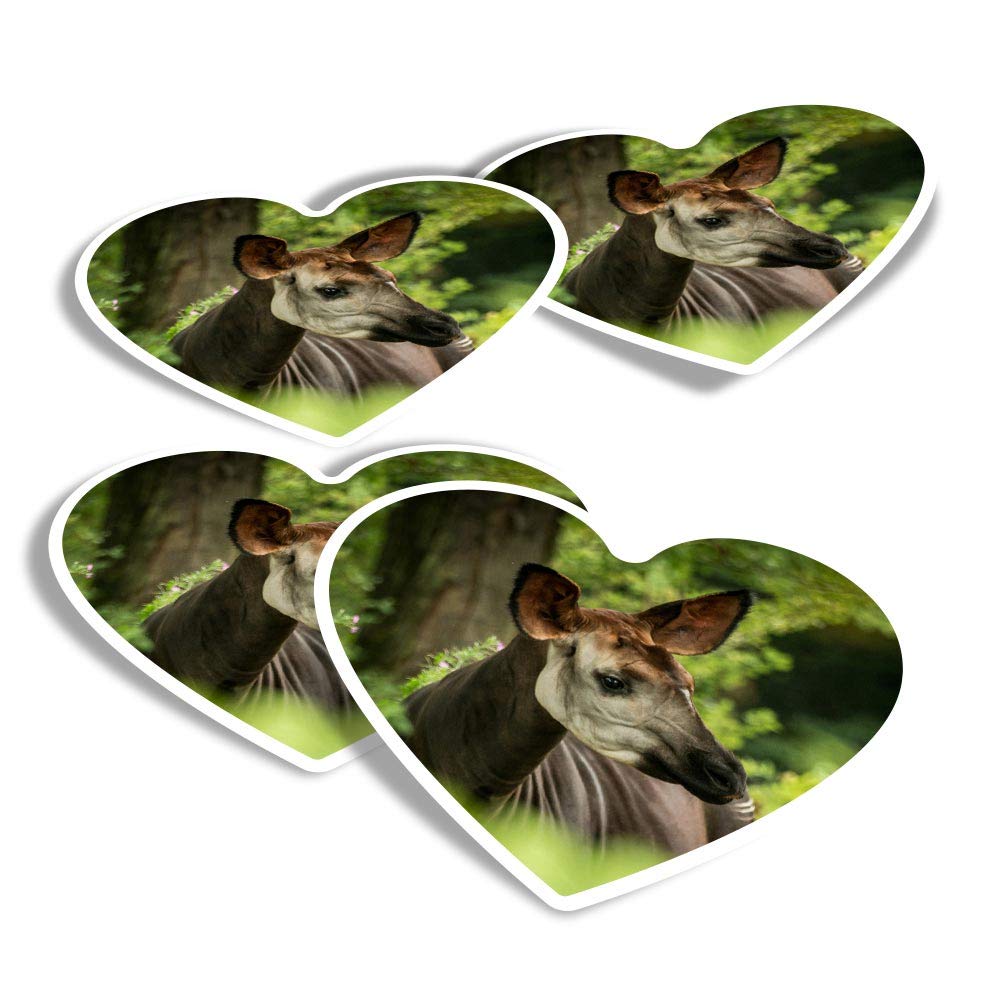Vinyl Heart Stickers (Set of 4) - Okapi Forest Giraffe Zebra Mix Fun Decals for Laptops,Tablets,Luggage,Scrap Booking,Fridges #16952