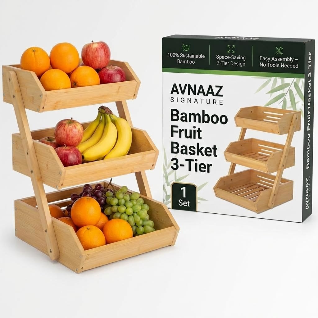 Bamboo Fruit Basket 3-Tier - Premium Produce Bamboo Basket for Kitchen - Durable & Easy to Assemble Stand for Countertop - Perfect Holder for Vegetables, Bread, Snacks & More