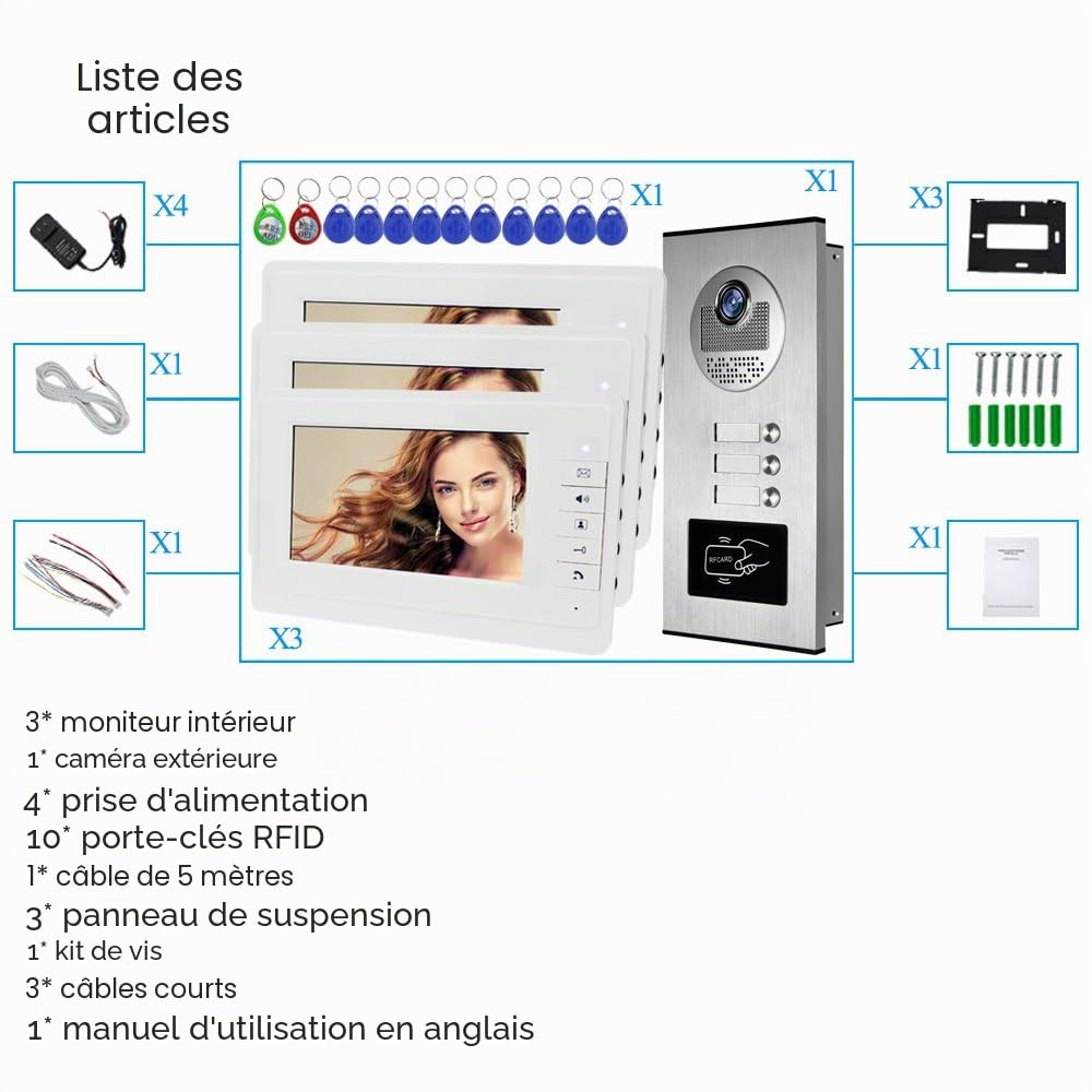 7 '' Couleur Filaire Interphone Vidéo Porte Système de Téléphone kit 700TVL RFID Accès Entrée Caméra Sonnette 3 Monitors pour Multi- Appartements/Maison