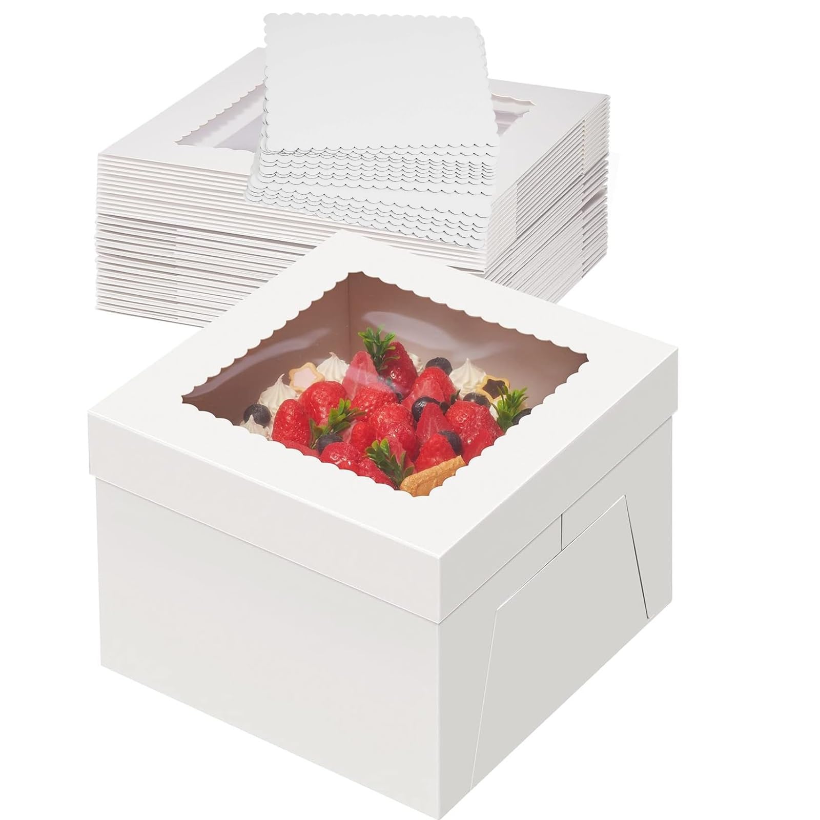 10 Inch Cake Boxes Set White Paperboard Disposable 10"x10"x5" Bakery Box with Window Bulk Cake Box with Square Cake Board for Cakes, Pastries, Cookies, Pie (10pcs, 10 Boxes & 10 Boards)