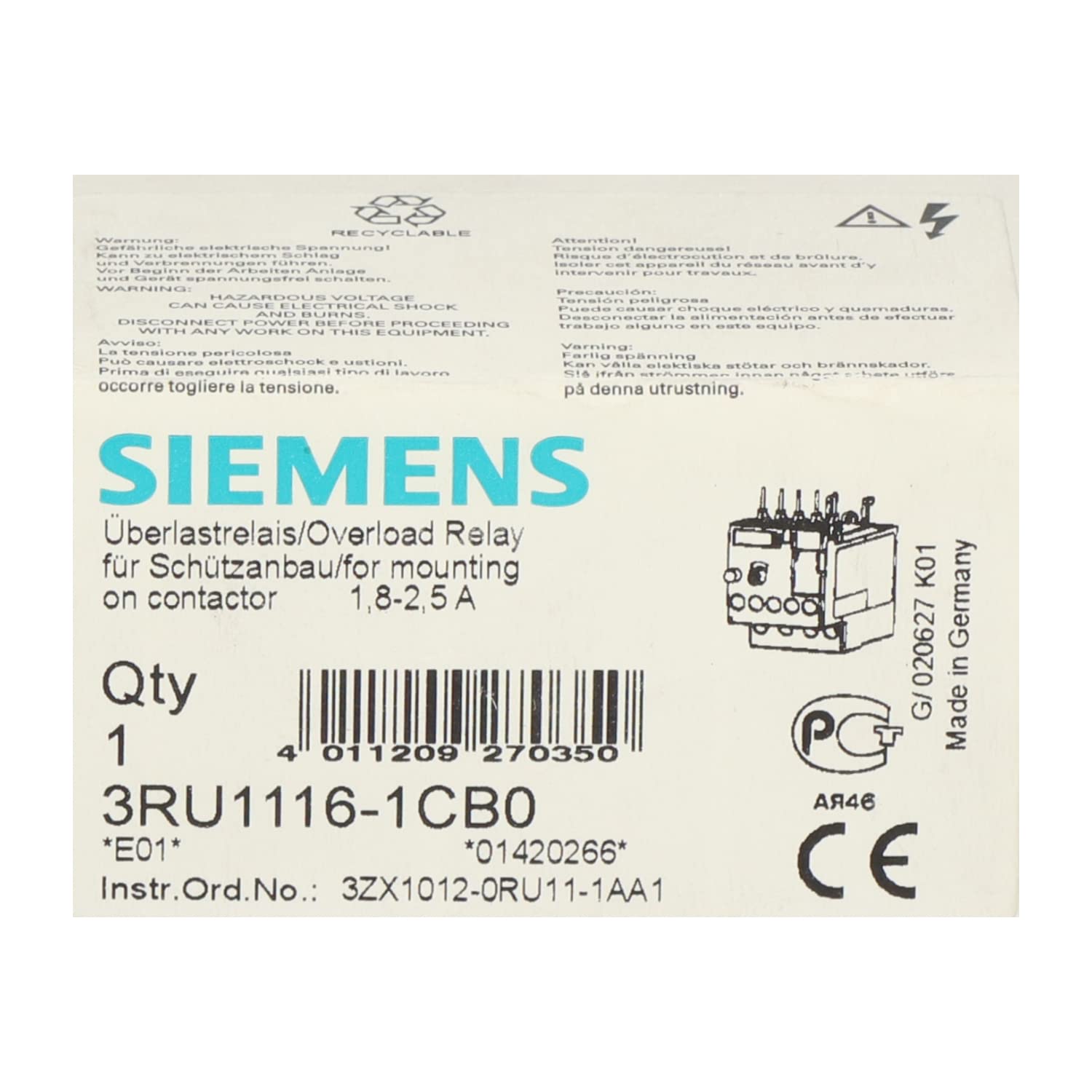Siemens – Relais sovraccarico termico 3ru11 S00 2,5 A
