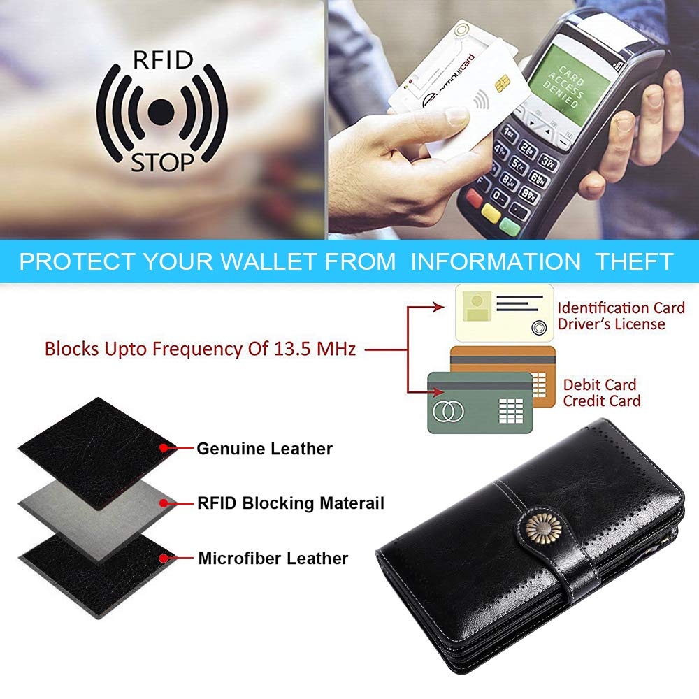 Portafoglio Donna Grande Capacità Portafogli Donna Pelle Vera Bloccaggio RFID, Capiente Portafoglio Grande Donna con Cerniera Tanti Scomparti 26 Carte Portamonete Donna XXL