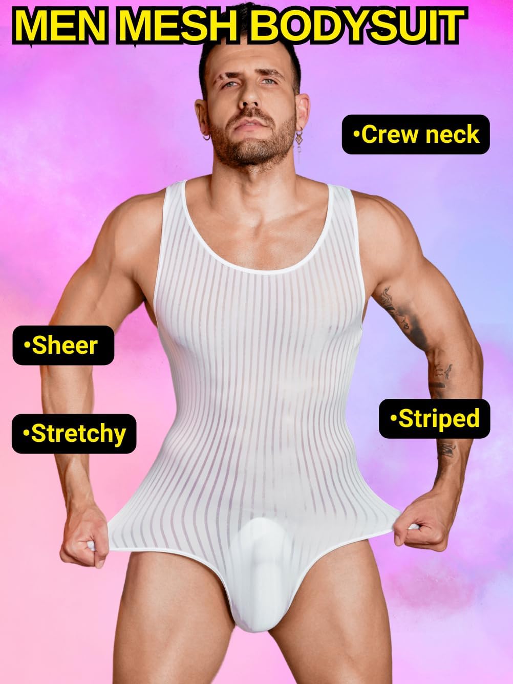 Men's Sexy Lingerie, Ribbed Sheer Mesh Bodysuit, Shapewear Sissy Clothes Gay Club, Tank Top Muscle Suit Rave Outfits - Image 2
